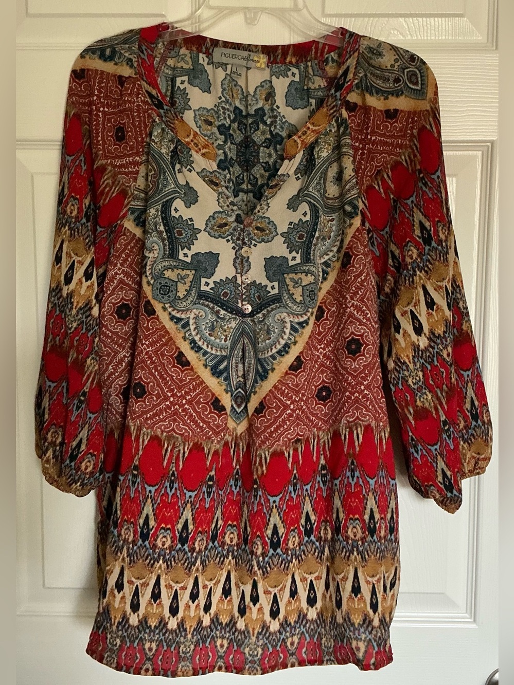 Figueroa And Flower Boho Peasant Blouse Large L Red Tunic 3/4 Puff Sleeve Top